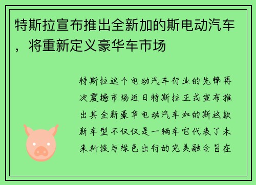 特斯拉宣布推出全新加的斯电动汽车，将重新定义豪华车市场