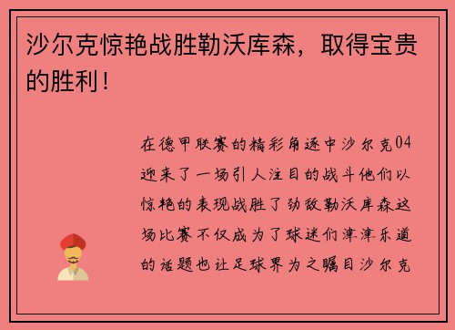 沙尔克惊艳战胜勒沃库森，取得宝贵的胜利！